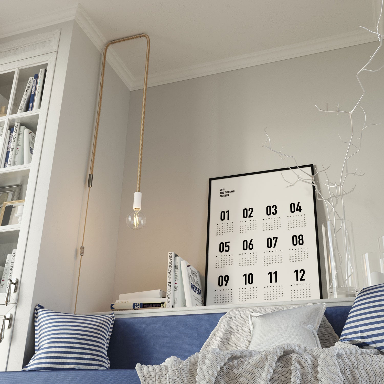 SnakeBis Corda - Lampada plug-in bianca con cordone trecciato in juta