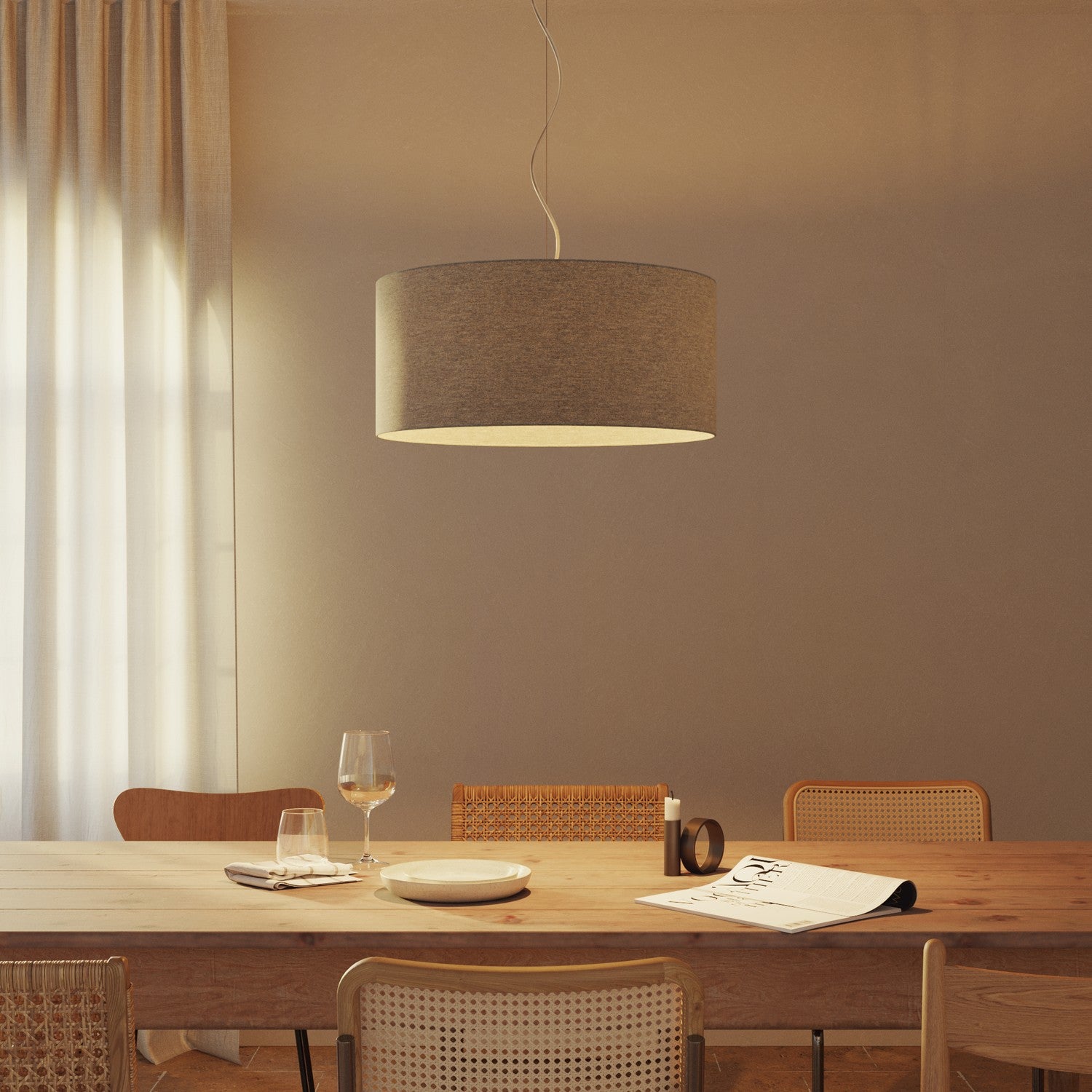 Lampada a sospensione con paralume in tessuto Cilindro Large - Made in Italy - Lana Grigio Chiaro No