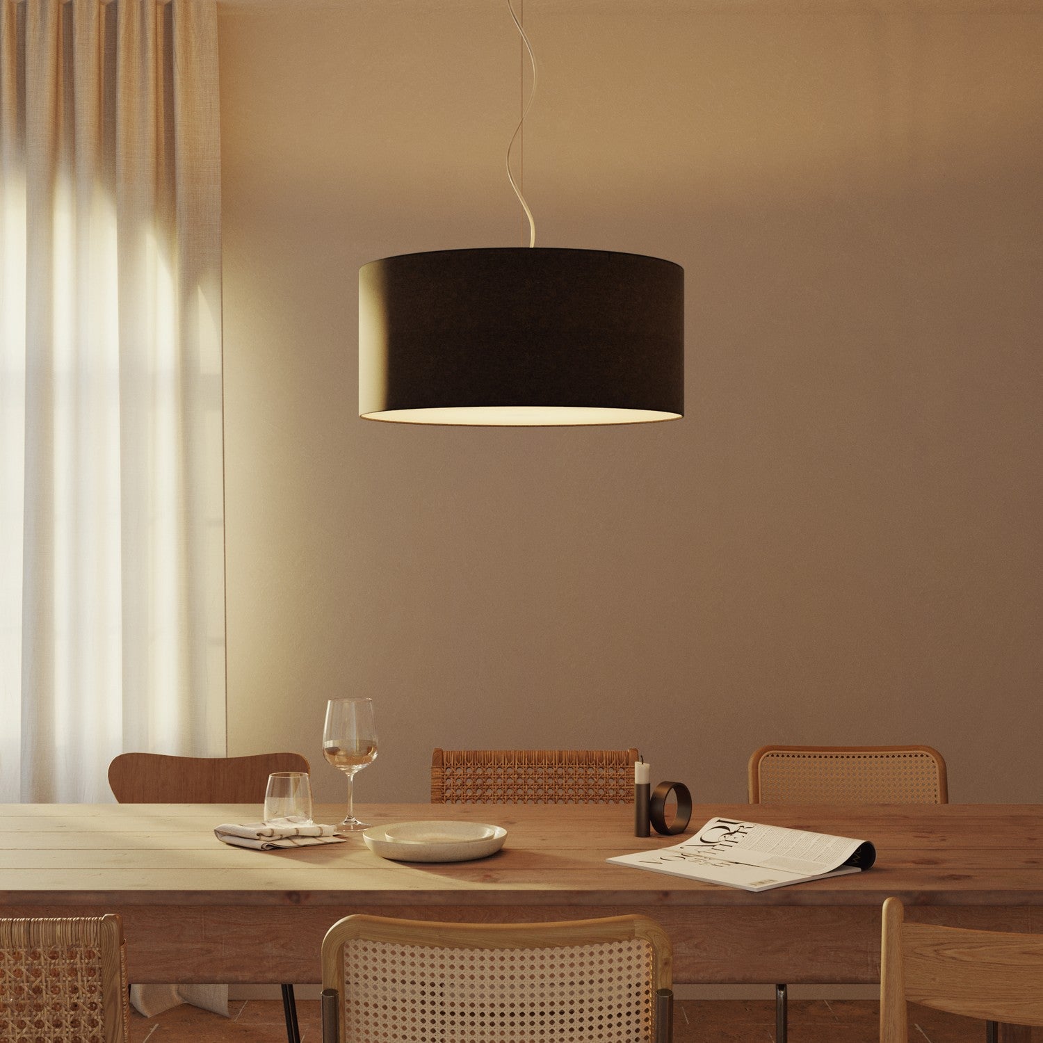 Lampada a sospensione con paralume in tessuto Cilindro Large - Made in Italy - Lana Grigio Scuro Si