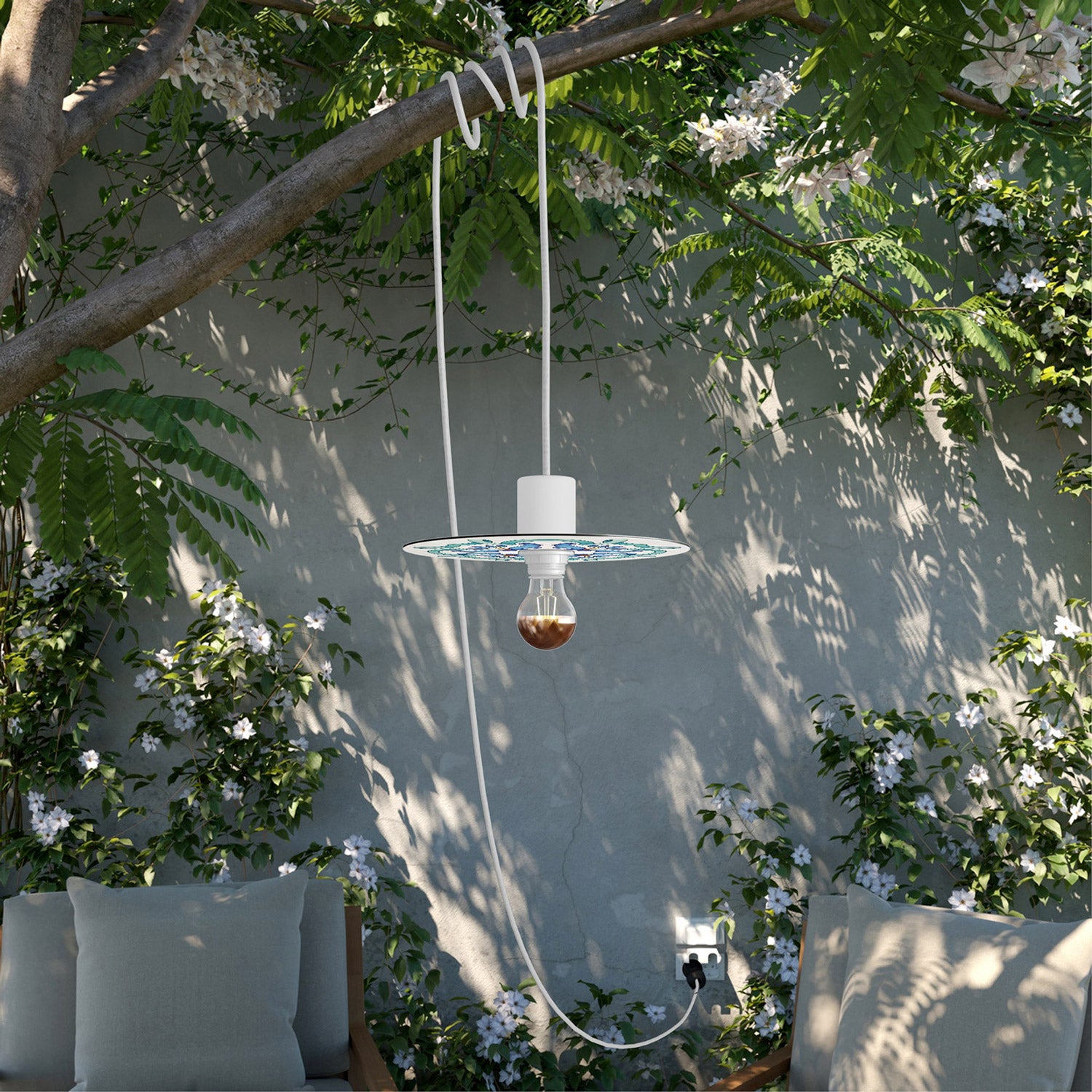 Snake Eiva con paralume mini Piatto Ellepì 'Maioliche' Blu, lampada portatile IP65 per esterni con spina