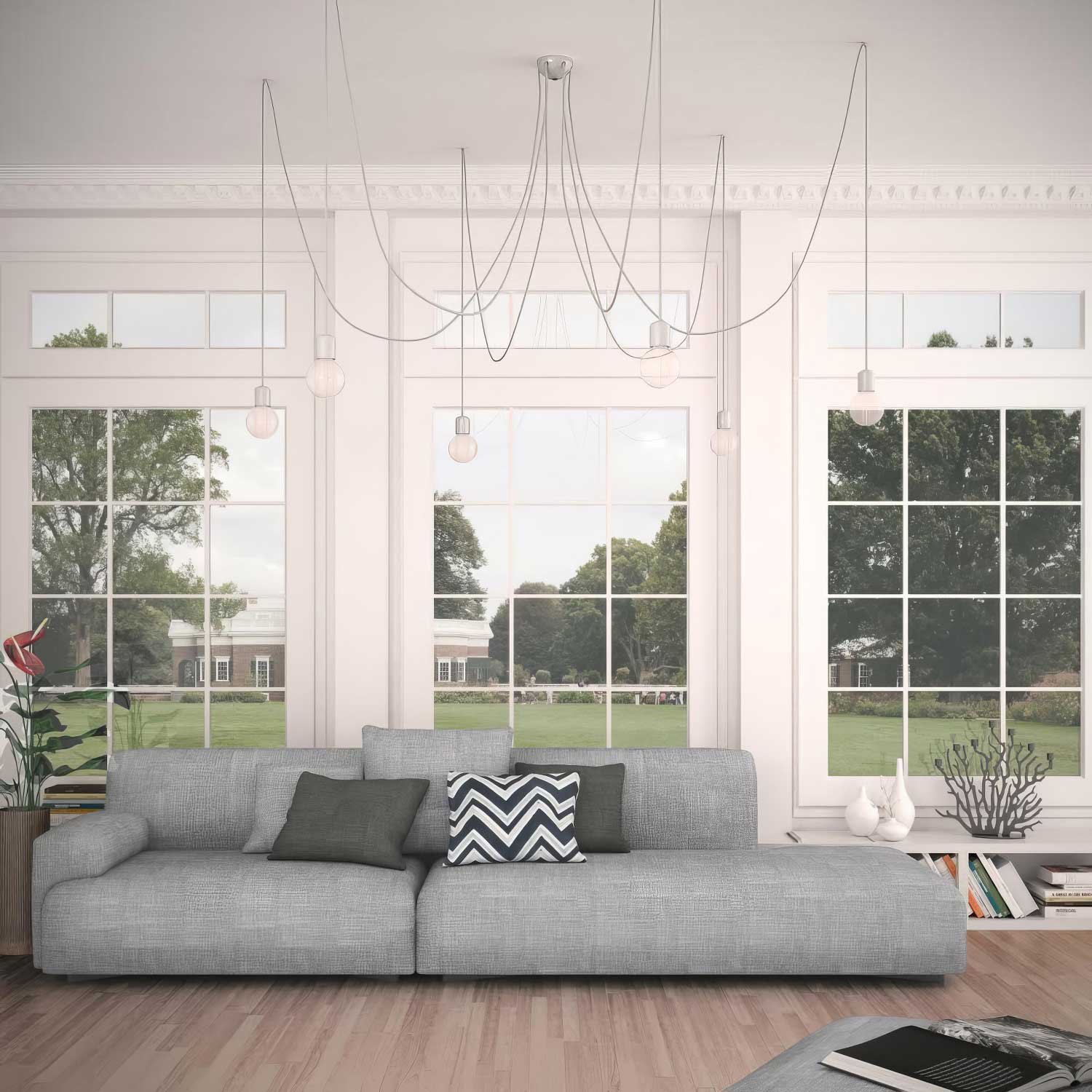 Lampada a sospensione multipla a 6 cadute con finiture in ceramica colorata - Bianco