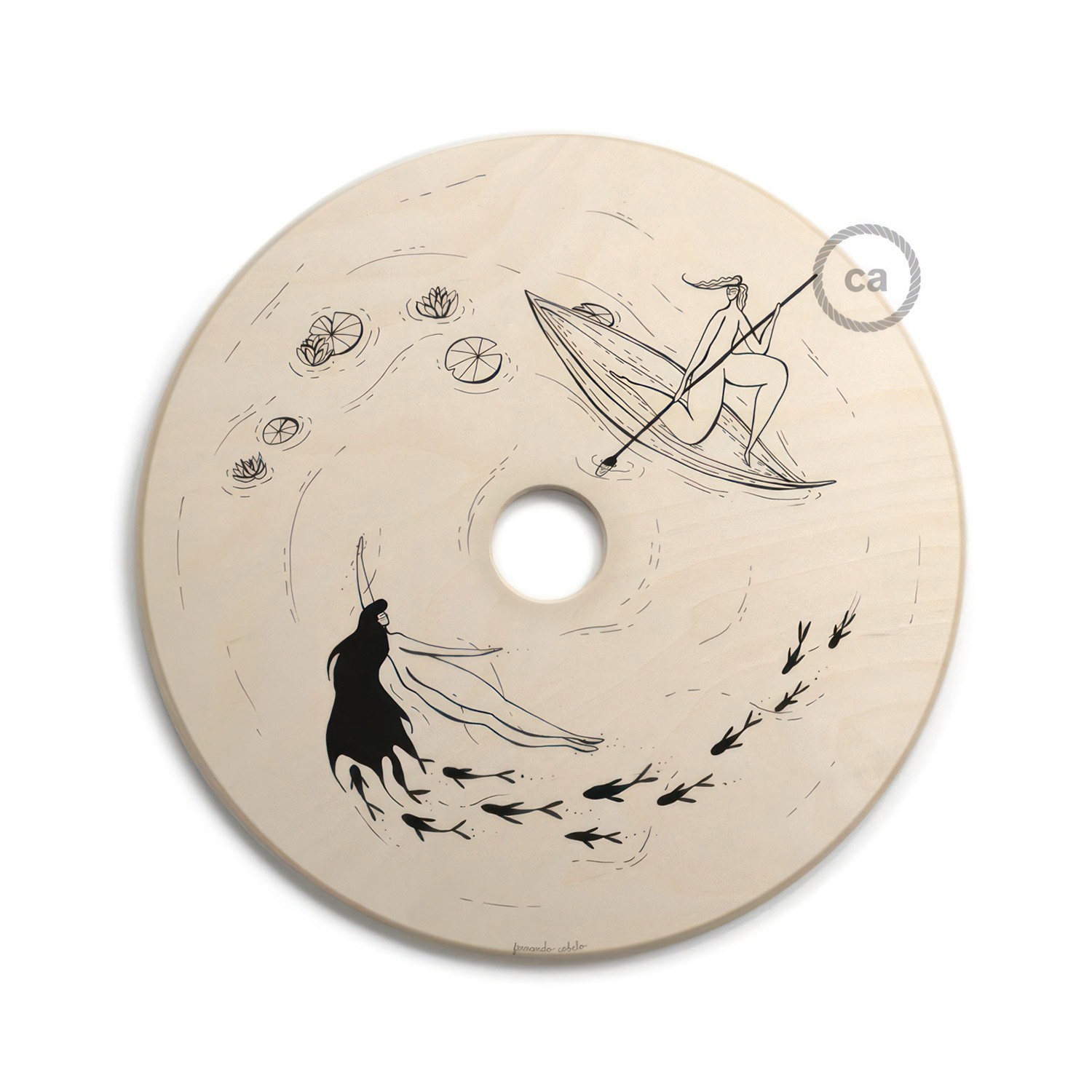 Abajur UFO em madeira ilustrado por vários artistas, dupla face - 33 cm de diâmetro