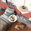 Candeeiro suspenso com cabo têxtil, abajur UFO de dupla face em madeira e detalhes em metal - Fabricado em Itália