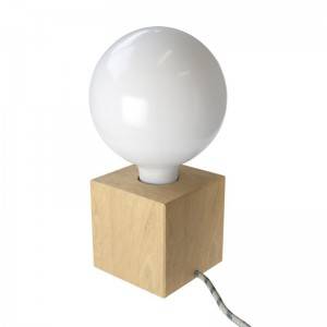 Posaluce Cubetto, o nosso candeeiro de mesa em madeira com lâmpada, cabo de tecido, interruptor e ficha bipolar