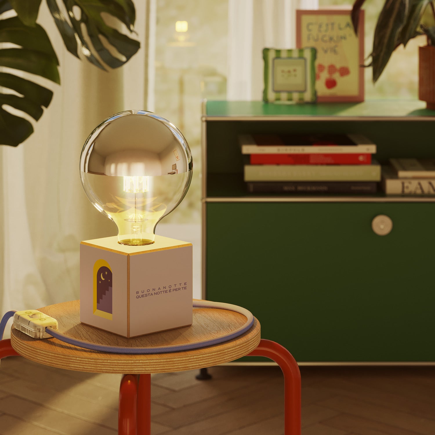 Lampada da tavolo Cubetto "Buonanotte fiorellino" con lampadina globo mezza sfera argento - Santomanifesto