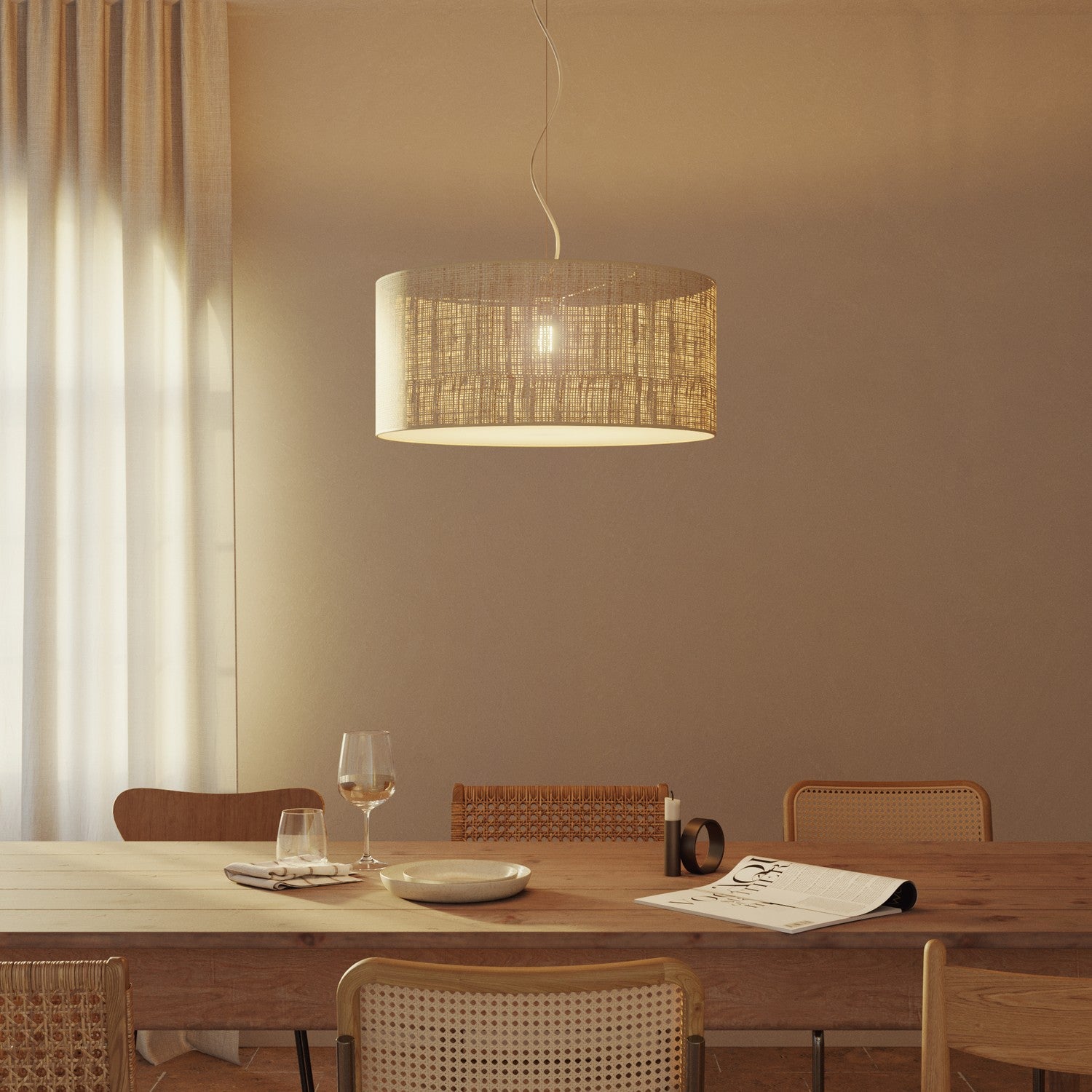 Lampada a sospensione con paralume in tessuto Cilindro Large - Made in Italy - Raphia Si