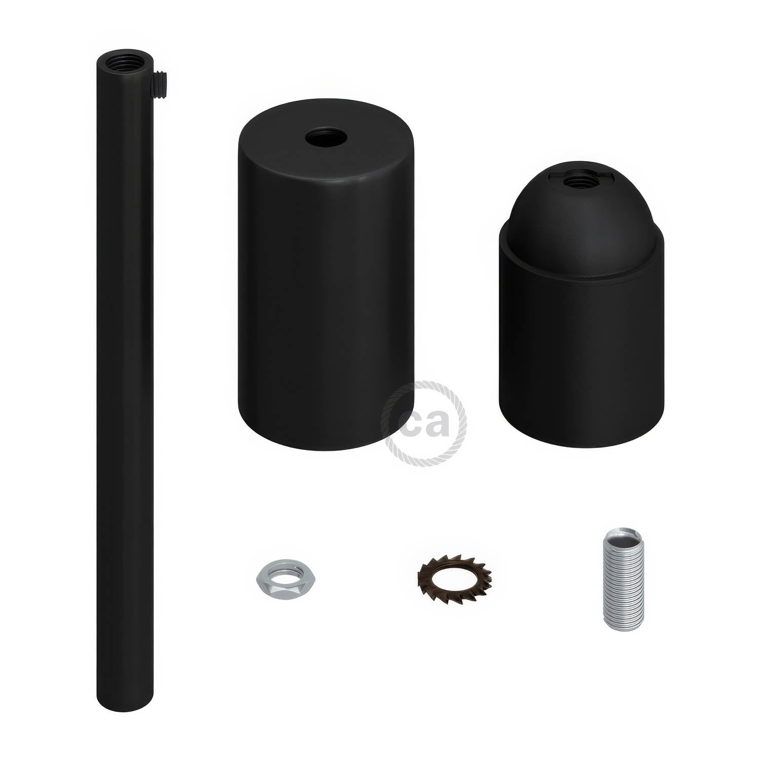 Kit portalampada E27 cilindrico in metallo con serracavo da 15 cm - Nero