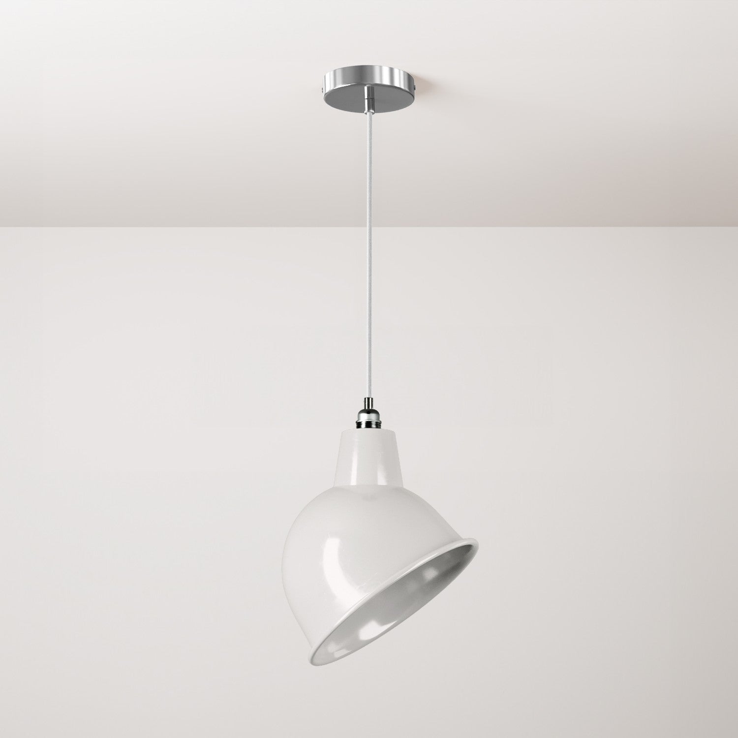 Lampada a sospensione completa di cavo tessile, paralume Broadway e finiture in metallo - Bianco