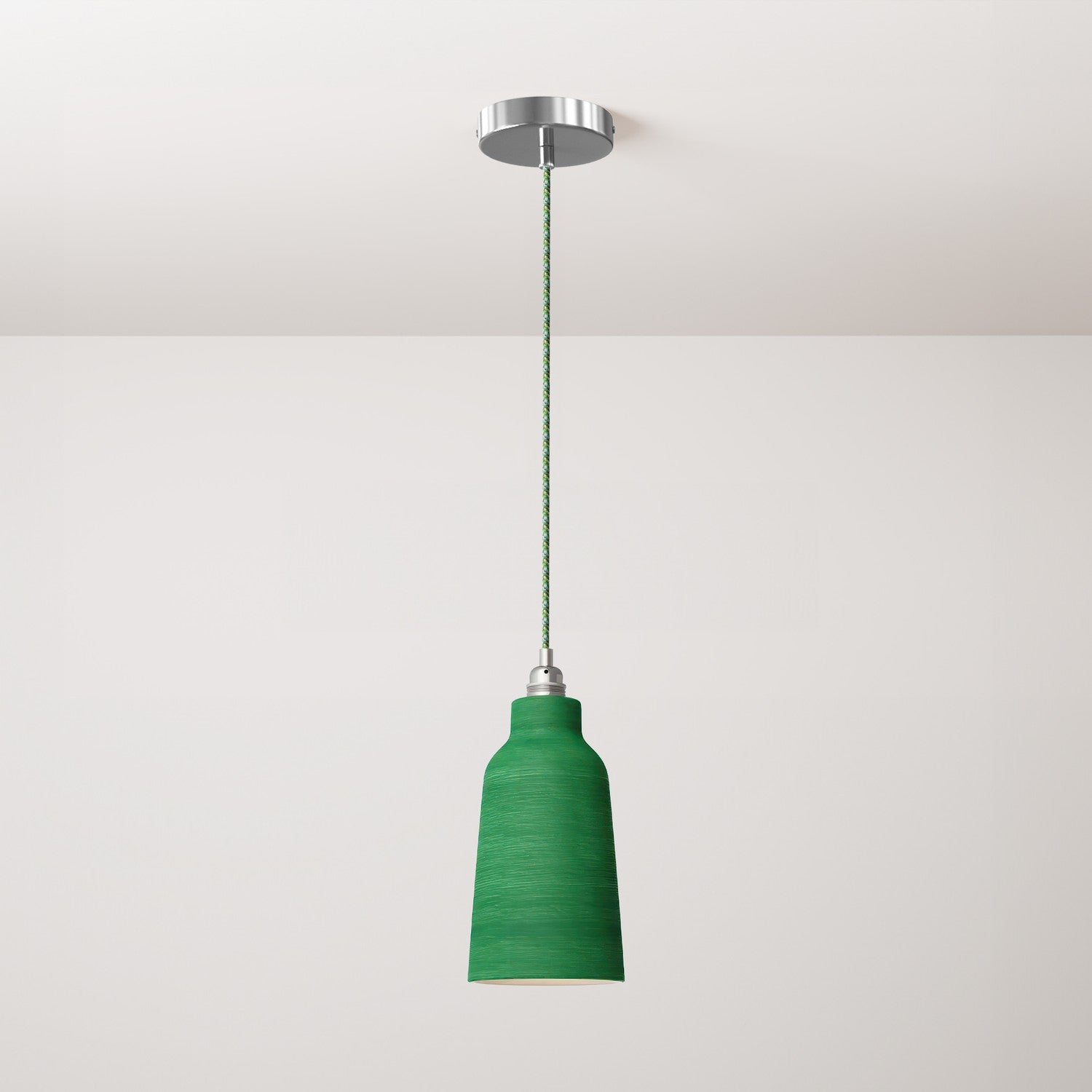 Lampada a sospensione completa di cavo tessile, paralume Bottiglia in ceramica e finiture in metallo - Evergreen striato