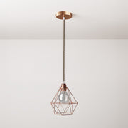 Lampada a sospensione completa di cavo tessile, paralume gabbia Diamond e finiture in metallo - Rame