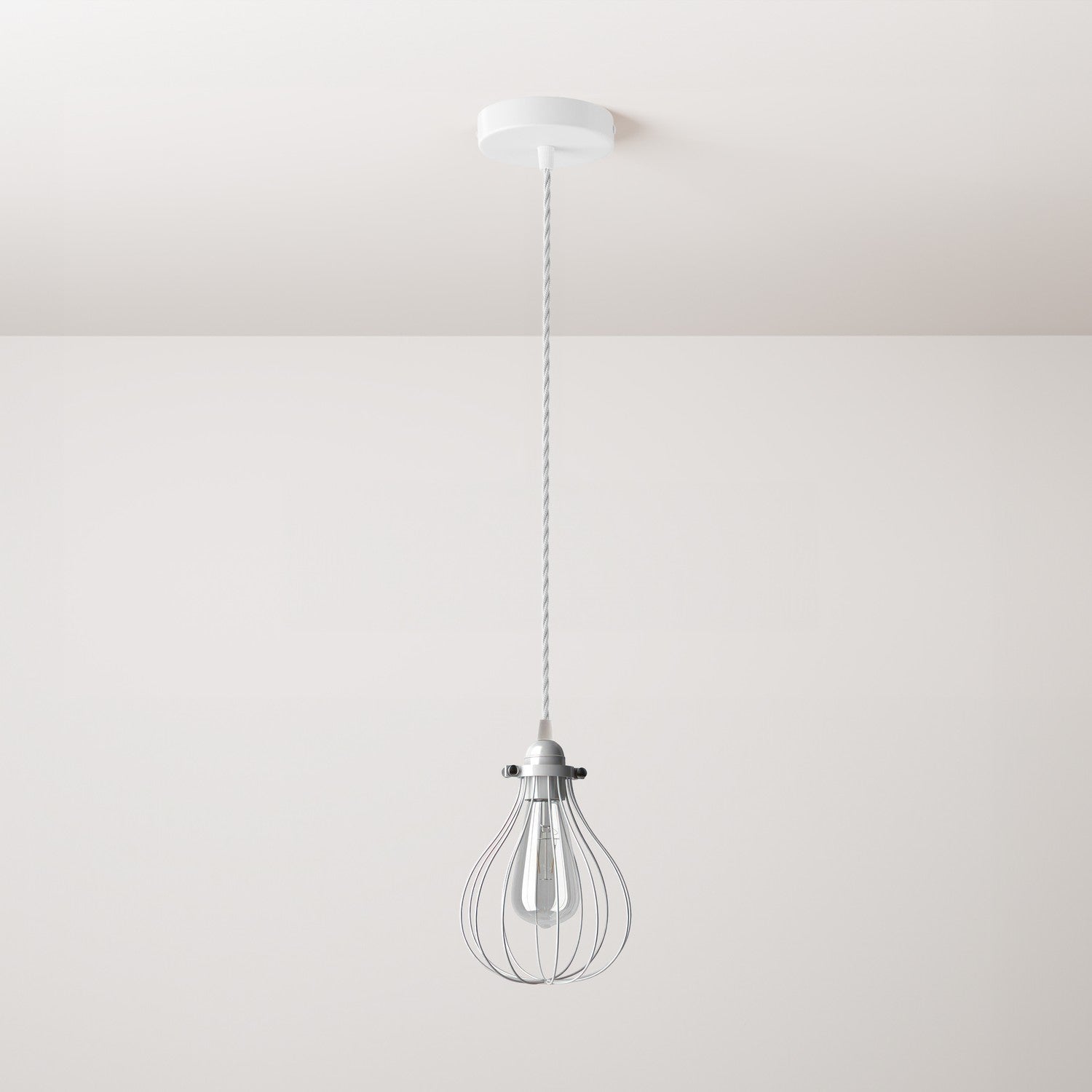 Lampada a sospensione completa di cavo tessile, paralume gabbia Drop e finiture in metallo - Bianco