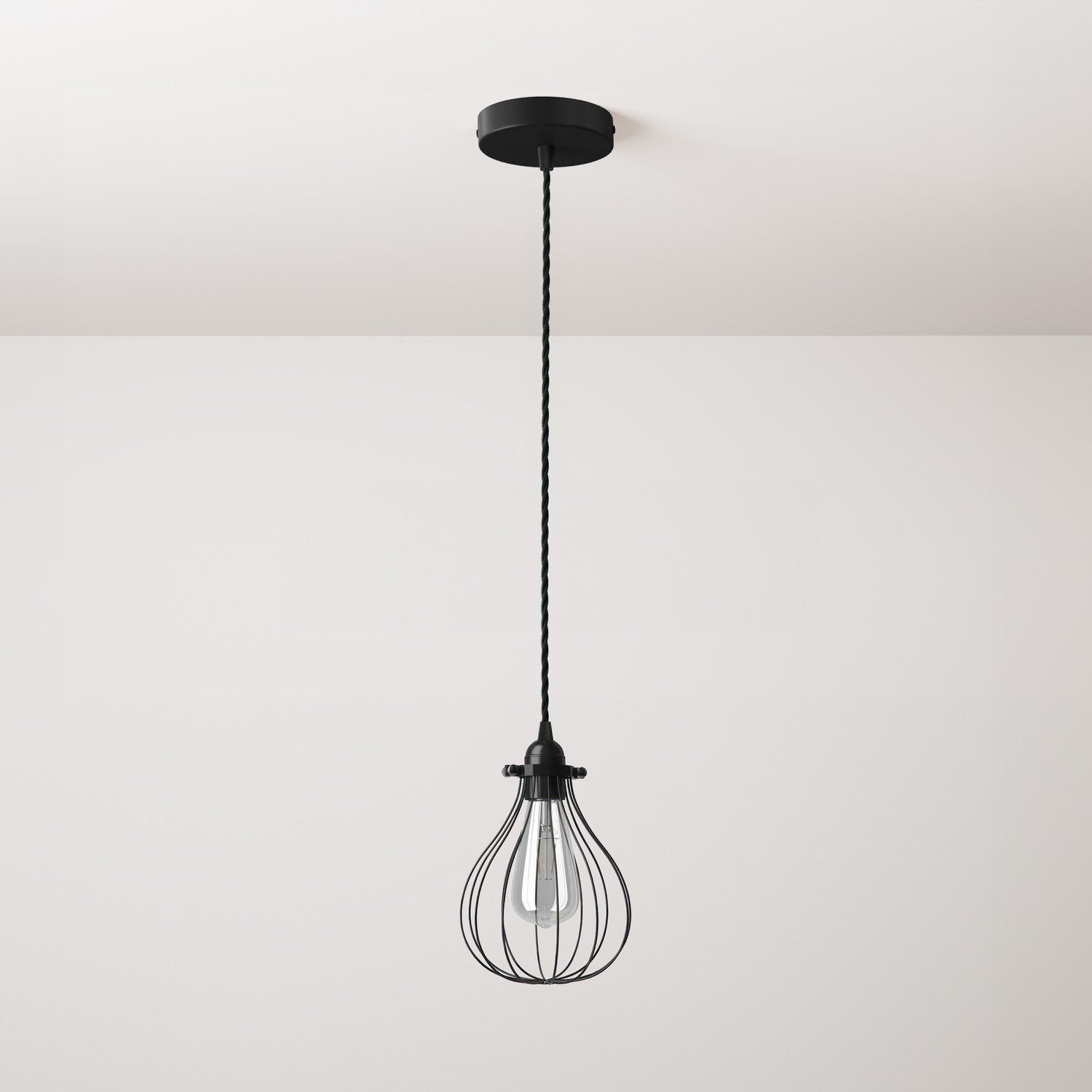 Lampada a sospensione completa di cavo tessile, paralume gabbia Drop e finiture in metallo - Nero