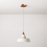 Lampada a sospensione completa di cavo tessile, paralume in ceramica Industriale e finiture in metallo - Bianco lucido