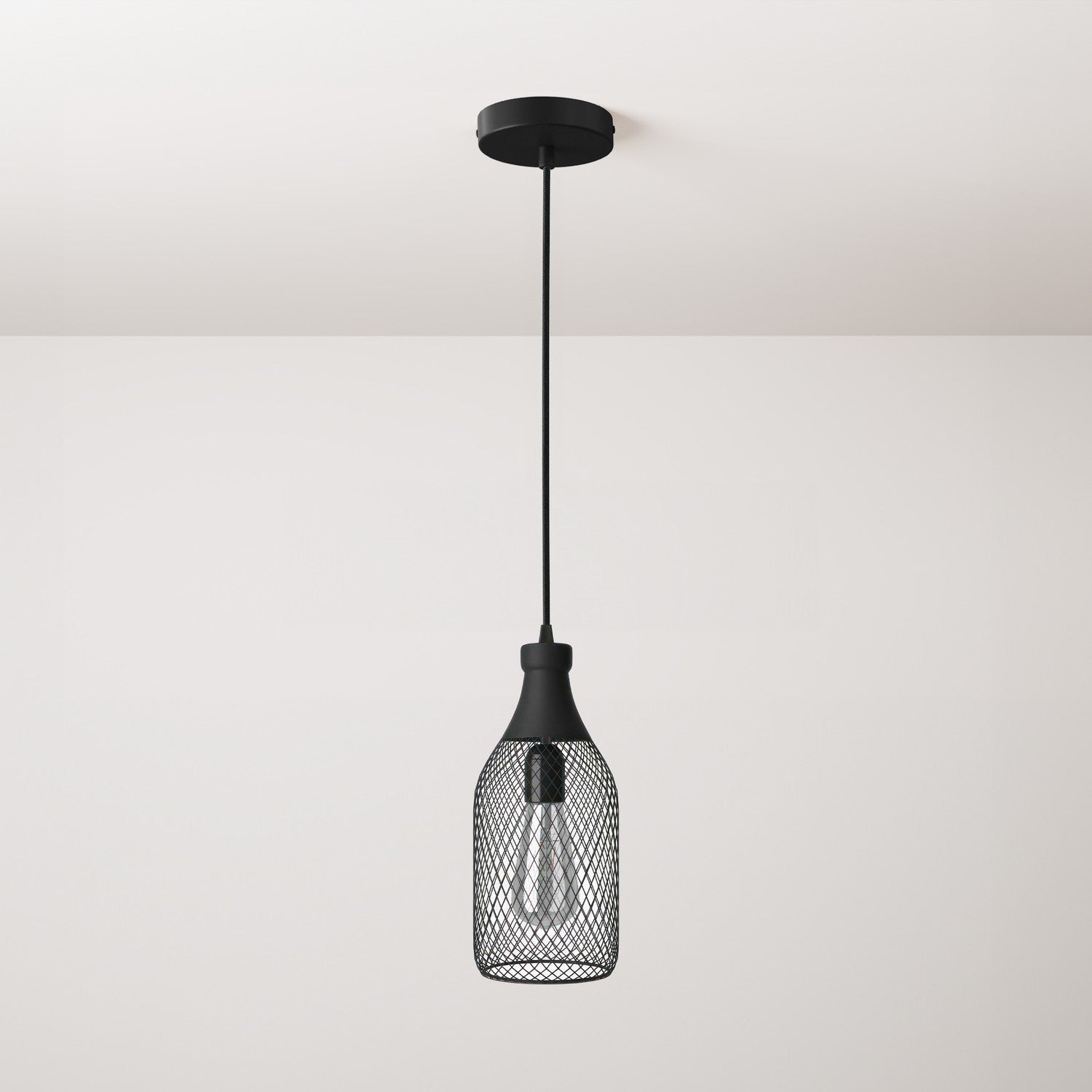 Lampada a sospensione completa di cavo tessile, paralume bottiglia Jéroboam e finiture in metallo - Nero