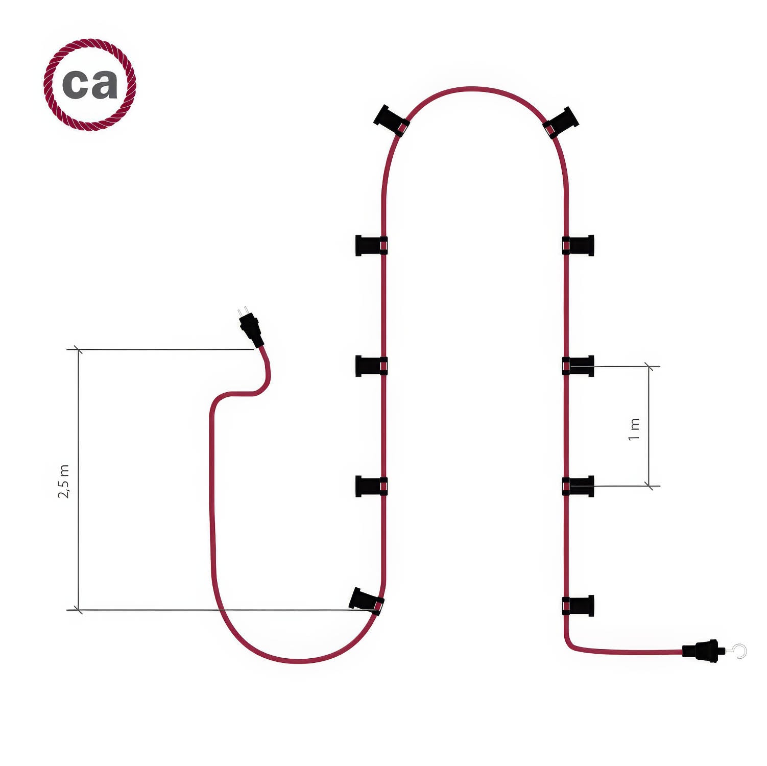 Catenaria Sistema Lumet da 12,5 m con cavo tessile CM03, 10 portalampada, gancio e spina neri
