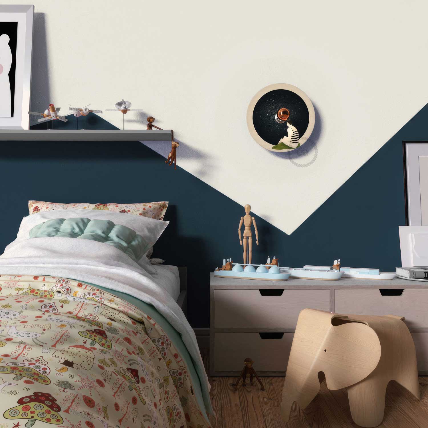 Fermaluce Romantic con paralume UFO in legno double-face illustrato da Chiara Fucà