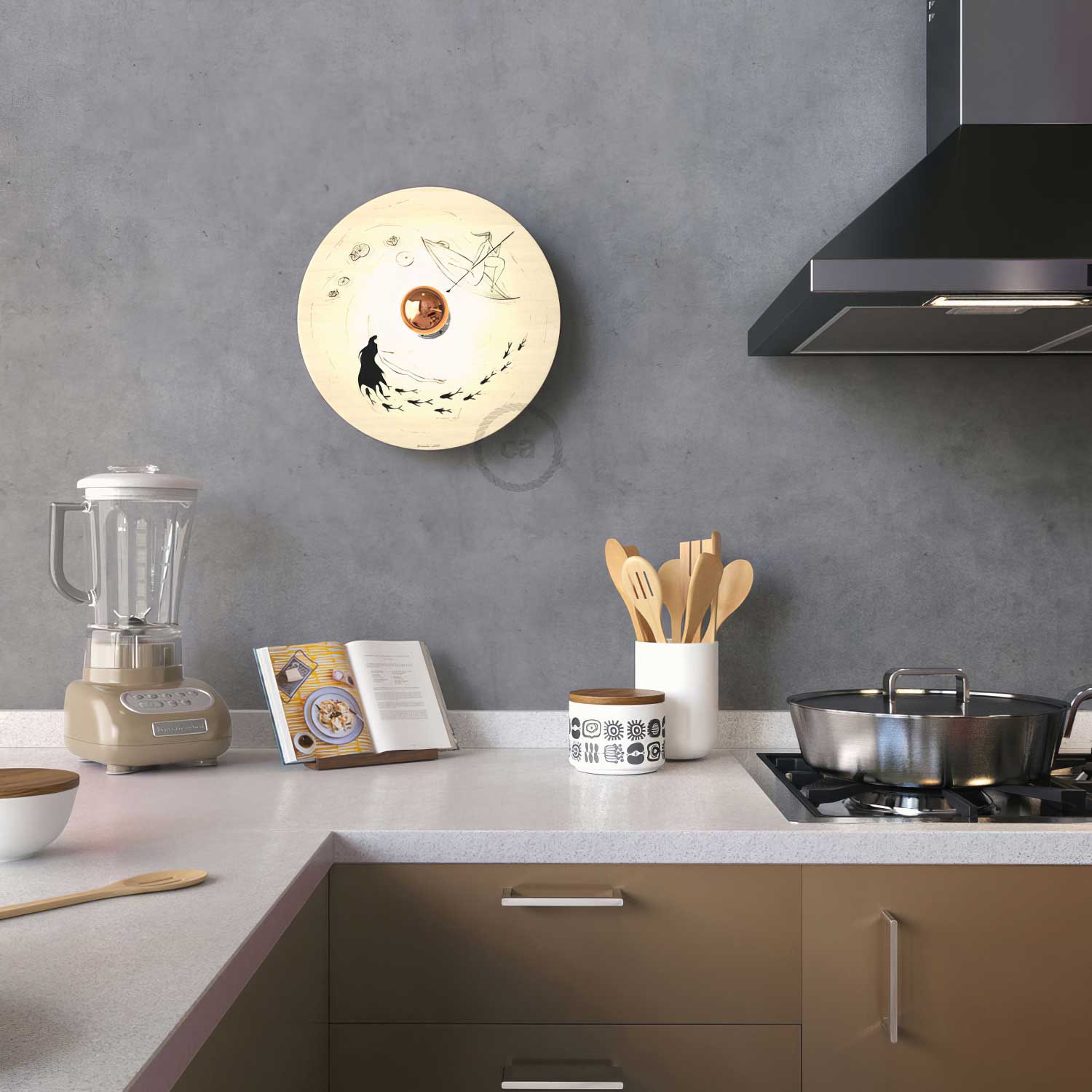 Fermaluce Romantic con paralume UFO in legno double-face illustrato da Fernando Cobelo