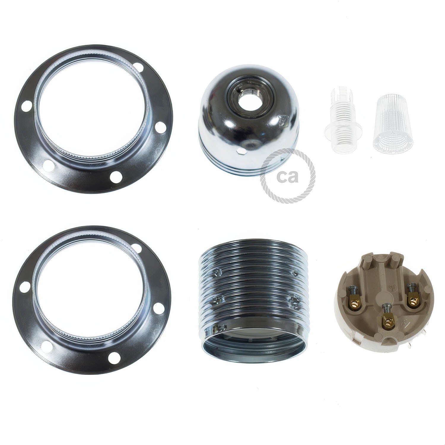 Kit portalampada E27 in metallo con doppia ghiera per paralume - Argento Conico