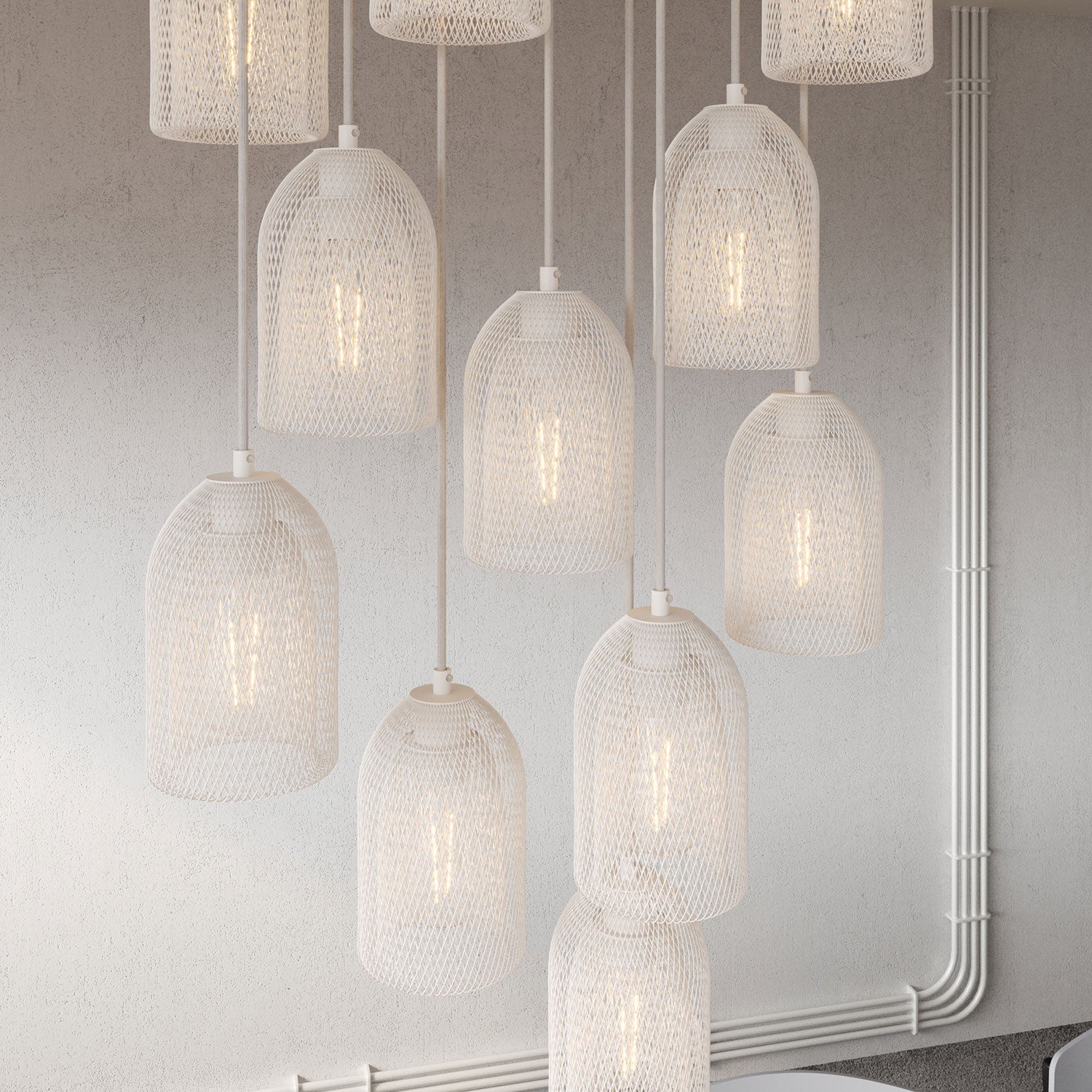 Lampada a sospensione a 11 cadute con XXL Rose-One rettangolare 675 mm con paralume in metallo Ghostbell - Bianco opaco