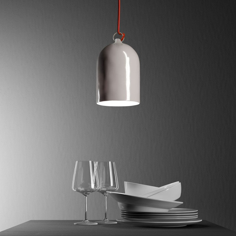 Lampada a sospensione completa di cavo tessile e paralume Mini Campana XS in ceramica - Bianco lucido