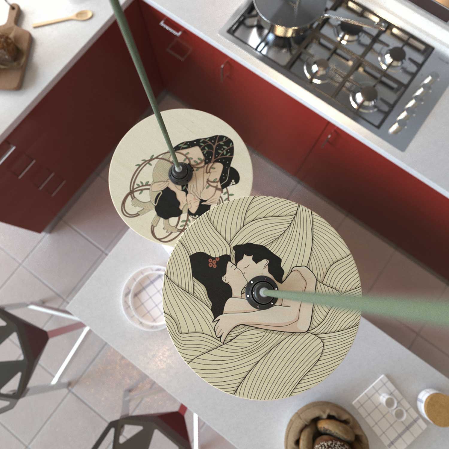 Lampada a sospensione completa di cavo tessile, paralume in legno UFO double-face e finiture in metallo - Carolina Zuniga