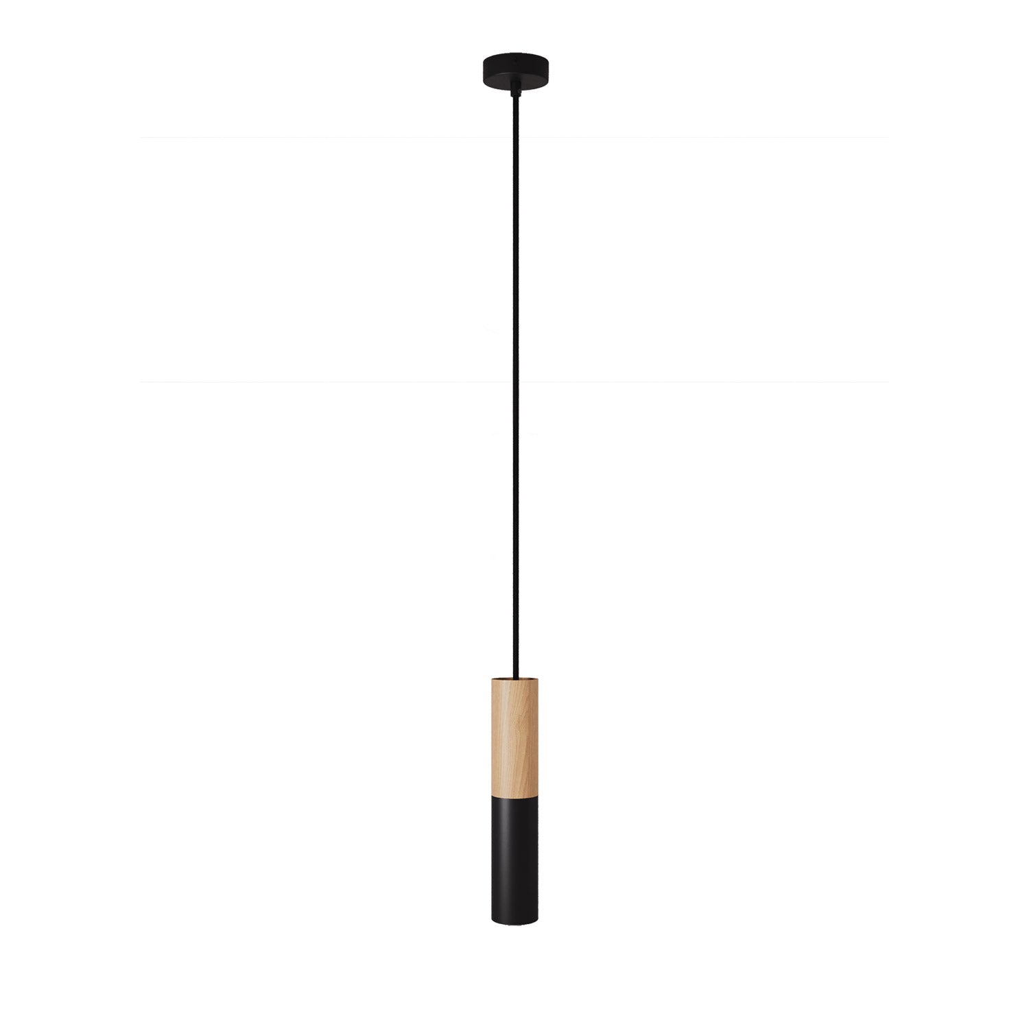 Lampada a sospensione Made in Italy completa di cavo tessile e doppio paralume Tub-E14 in legno e metallo - Nero