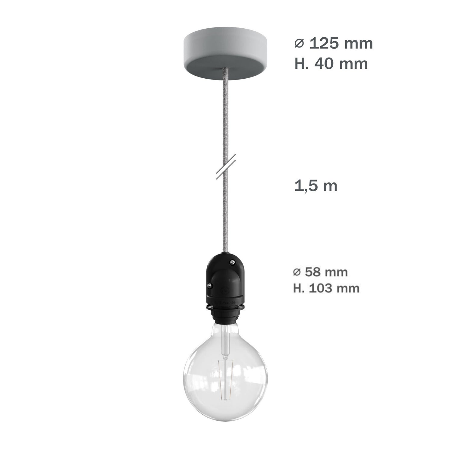 Modulair Lampada per paralume da esterni con 1,5 m cavo tessile, rosone e portalampada IP65 waterproof - Grigio ghiaccio