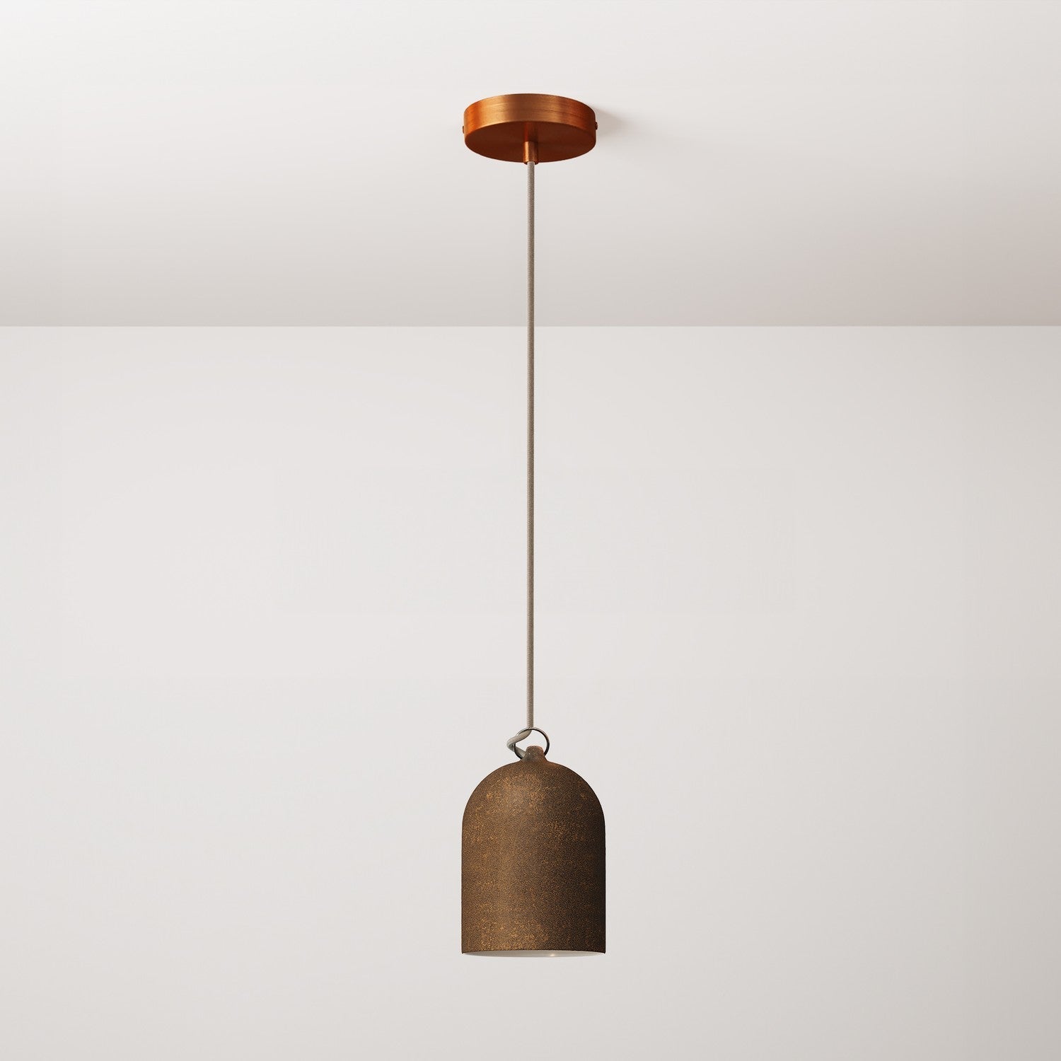 Lampada a sospensione completa di cavo tessile e paralume Mini Campana XS in ceramica - Effetto corten