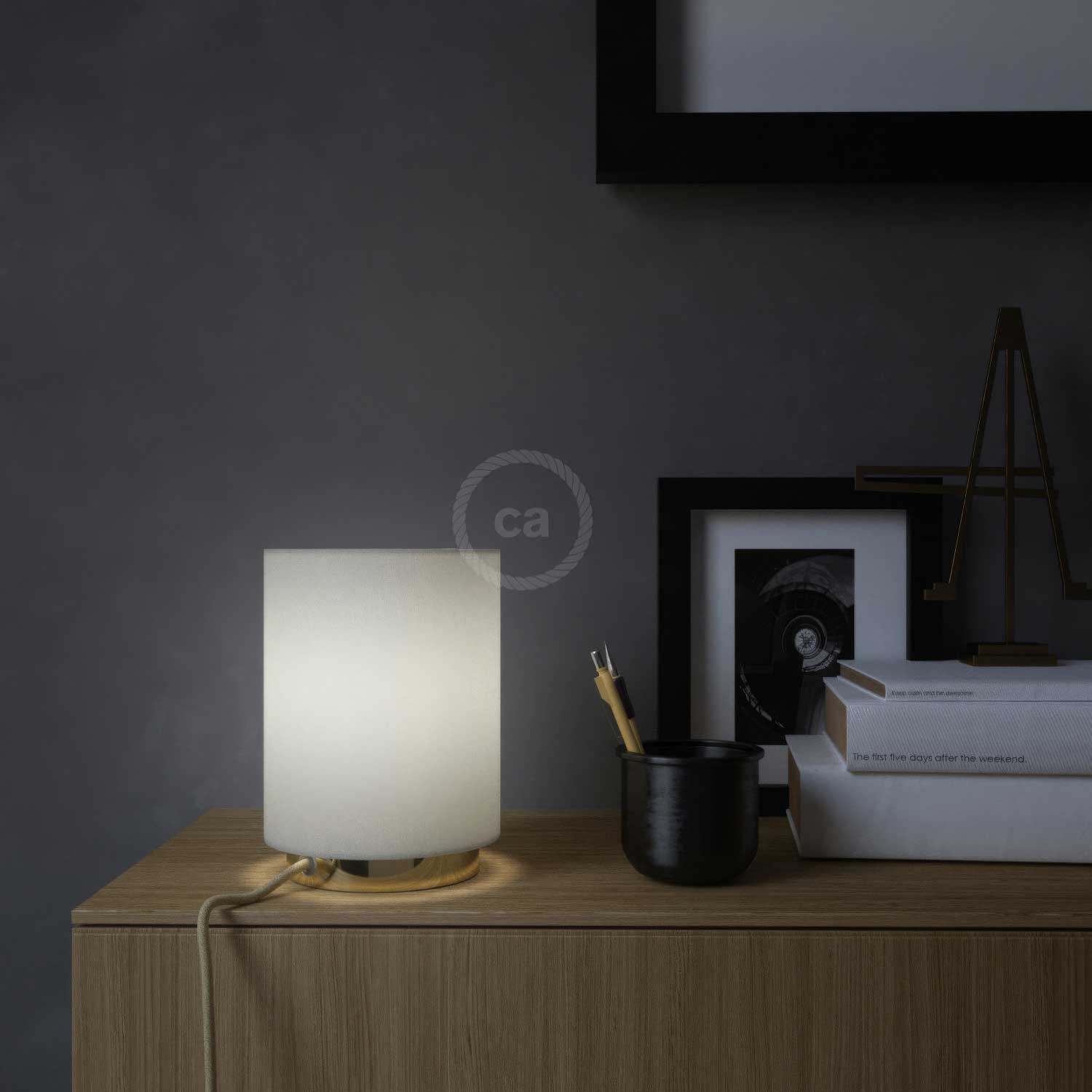 Posaluce in metallo con paralume Cilindro Linone Bianco - Linone bianco lucido