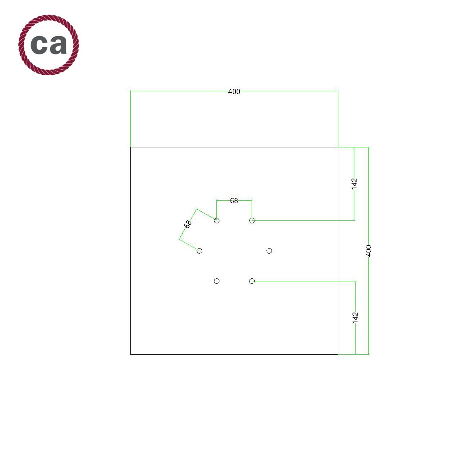 Rosone XXL Rose-One quadrato, 400 mm con 6 fori e 4 fori laterali - Dibond Ottone satinato Bianco