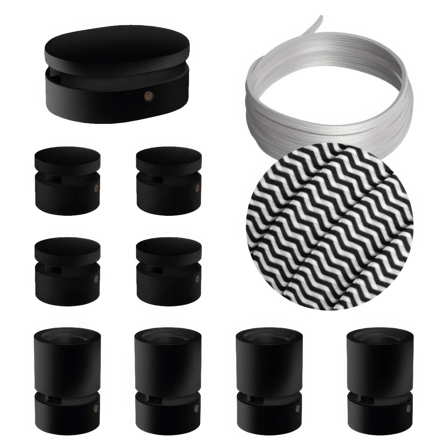 Sistema Filé Symmetric Kit - con cavo CZ04 di 5 m per catenaria e 9 componenti in legno verniciato nero per interni