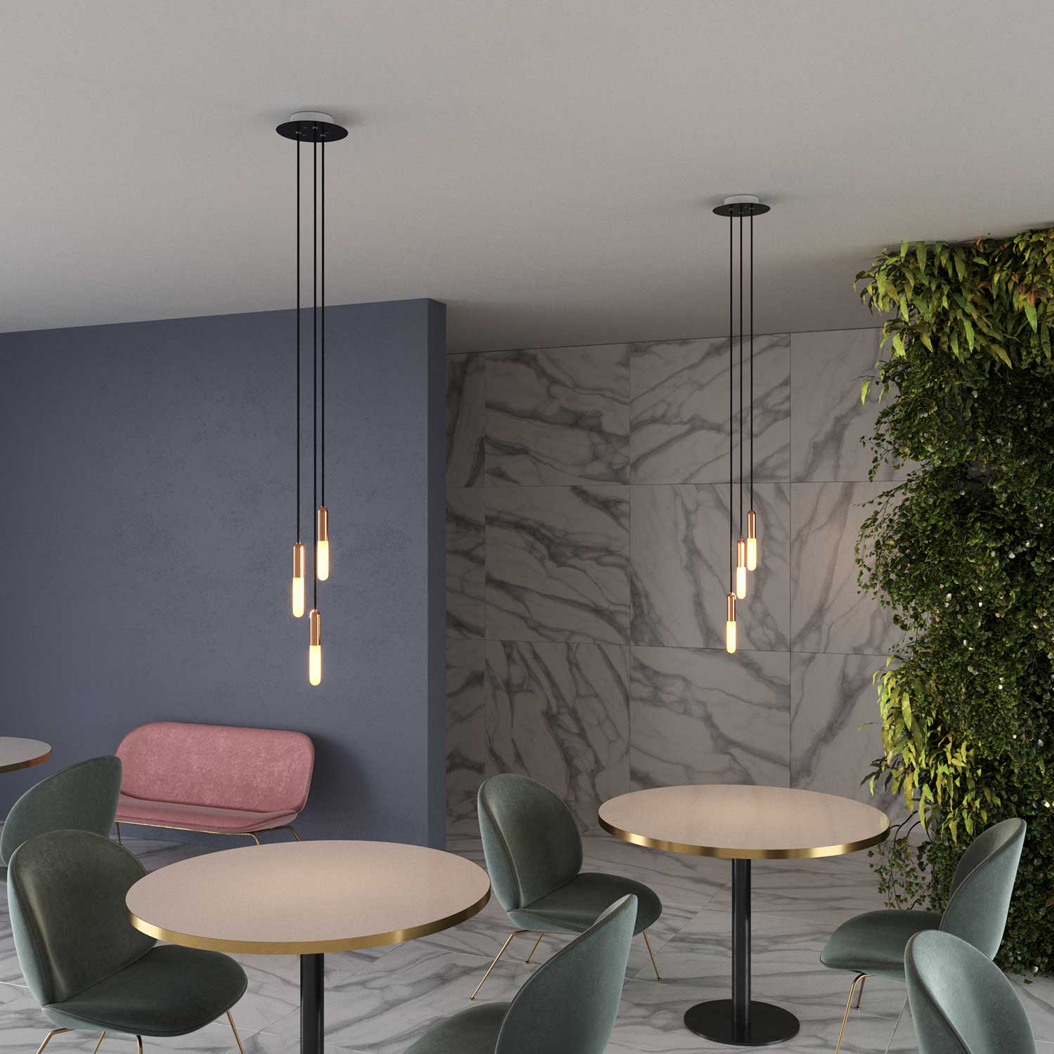 Sospensione a 3 cadute completa di P-Light e Rose-One 200mm - Rame