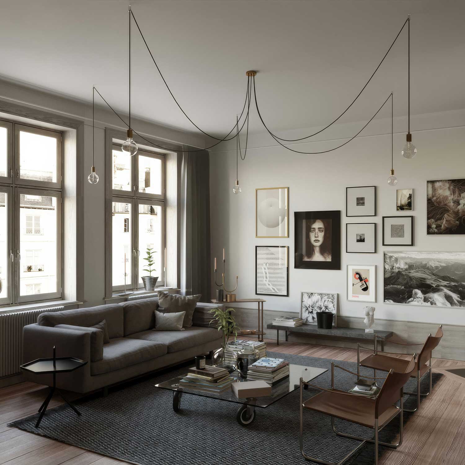 Spider - Lampada a sospensione multipla a 5 cadute con finiture in metallo - Ottone