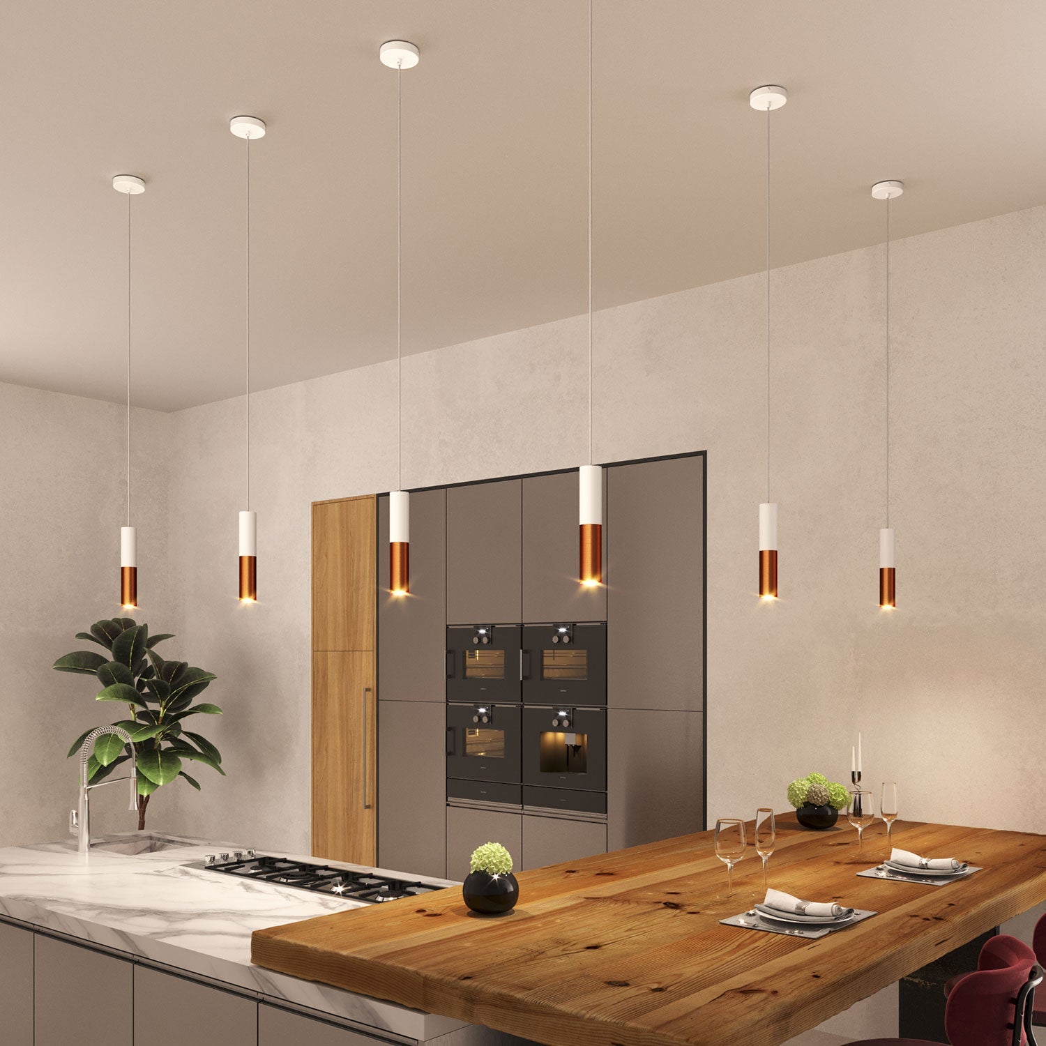 Tub-E14, tubo in metallo doppio per faretto con portalampada doppia ghiera E14 - Bianco opaco e Rame satinato